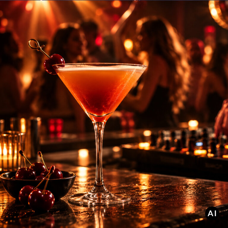 KI generiert, Trichtercocktailglas mit Erdbeerdaiquiri steht auf einem DJ Pult